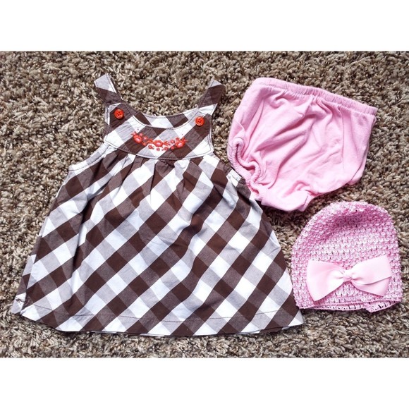 Girl's Size 3 M 0-3 Months 3 Piece Brown Carter's Checks Floral Dress, DC + Cap - Picture 1 of 6
